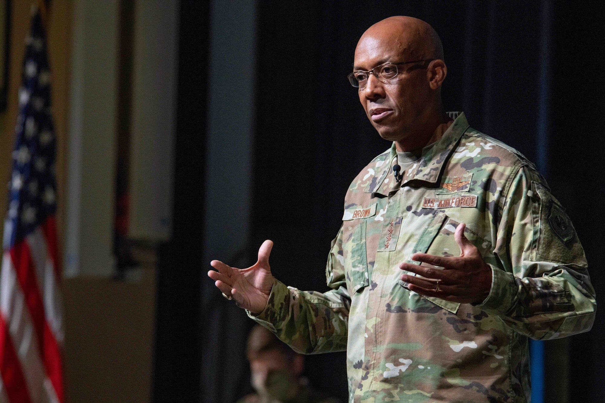 Air Force Chief of Staff Gen. Charles Q. Brown Jr. speaks with Air University senior military leaders and faculty, Aug. 26, 2020, Maxwell Air Force Base, Alabama. Brown stressed the importance of developing critical-thinking Airmen and shared his vision for Air University and the Air Force. He was accompanied by his wife, Sharene, who met with the Public K-12 Education Working Group to discuss the work of ongoing education initiatives and increased opportunities for military families stationed at Maxwell Air Force Base. Alabama. (U.S. Air Force photo by Melanie Rodgers Cox)