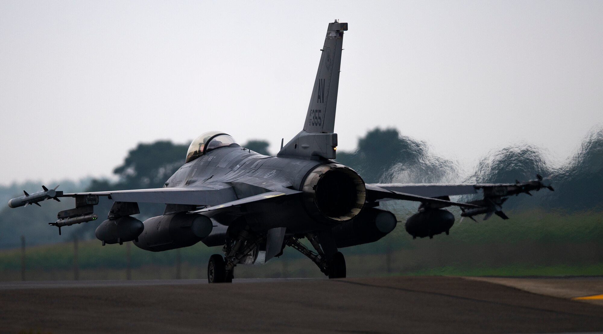 A U.S Air Force F-16 Fighting Falcon assigned to the 510th Fighter Squadron, Aviano Air Base, Italy, arrives at Royal Air Force Lakenheath, England, Aug. 28, 2020.  Aircraft and Airmen from the 510th FS are participating in a flying training deployment event to enhance interoperability, maintain joint readiness and strengthen relationships with regional allies and partners. (U.S. Air Force photo by Airman 1st Class Jessi Monte)