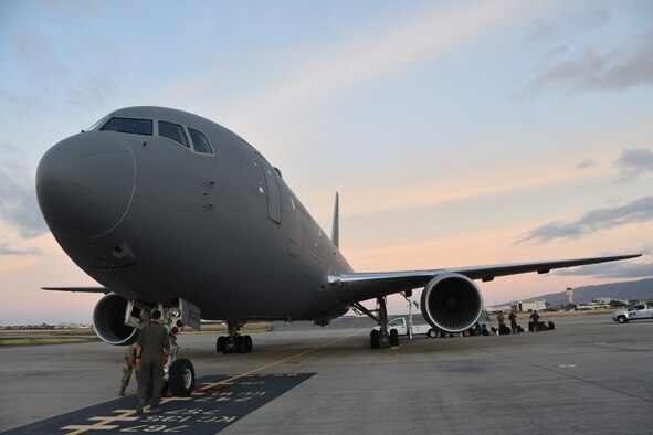 A KC-46A Pegasus assigned to the 22nd Air Refueling Wing at McConnell Air Force Base, Kansas, prepares for takeoff Aug. 21, 2020, at Hickam Air Force Base, Hawaii.  The KC-46 was part of the first 931st Air Refueling Wing-lead cargo mission which helped offload more than 11,000 pounds of pallets to four locations worldwide in six days.