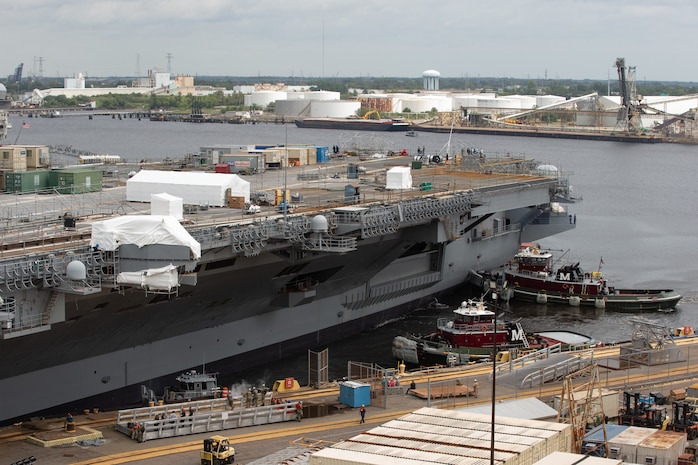 Norfolk Naval Shipyard (NNSY) undocked USS George H.W. Bush (CVN 77) on time Aug. 29, a key milestone in the carrier’s Drydocking Planned Incremental Availability (DPIA).