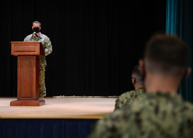 200826-N-HU235-1015 MANAMA, Bahrain (August 26, 2020) Capt. Greg Smith, commanding officer of Naval Support Activity (NSA) Bahrain, presides over a change of charge ceremony for Task Force Shore Battle Space (TF-SBS) and Navy Region Europe, Africa Central (EURAFCENT) Detachment Bahrain on board NSA Bahrain, Aug 26. Capt. Keith Wooley relieved Capt. Gadala Kratzer during the ceremony. TF-SBS and Navy Region EURAFCENT Detachment Bahrain coordinate all facility and security support for shore installations in the U.S. 5th Fleet area of operations. (U.S. Navy photo by Mass Communication Specialist 1st Class Cody R. Boyd)