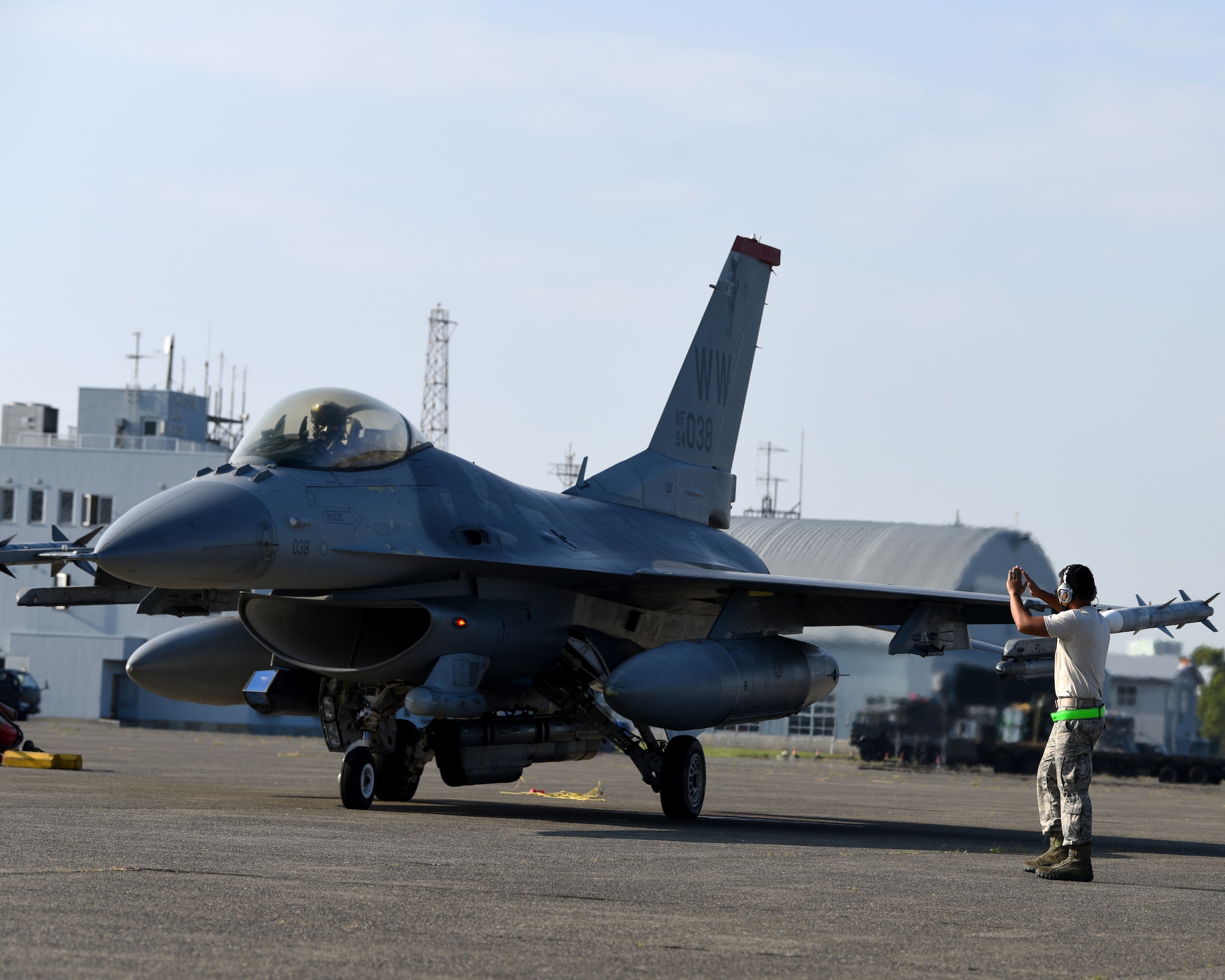 An F-16 Fighting Falcon prepares for takeoff during Aviation Training Relocation at Chitose Air Base, Japan Aug. 27, 2020.