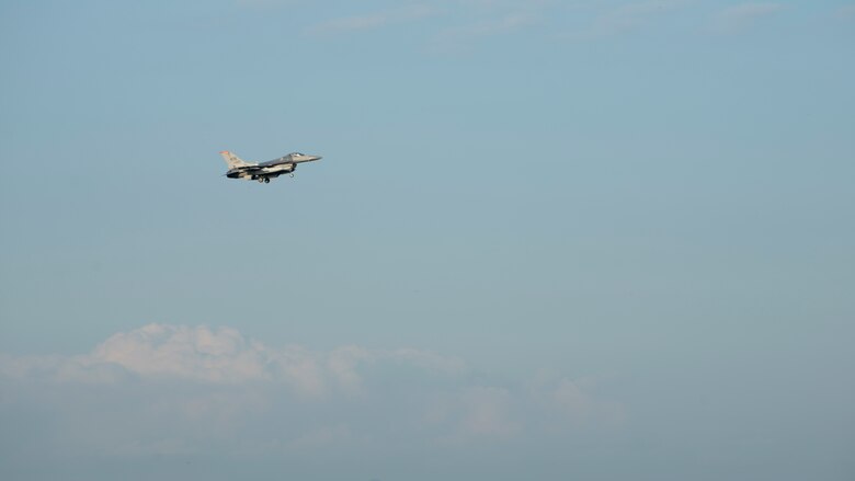 An F-16 Fighting Falcon begins its descent during Aviation Training Relocation at Chitose Air Base, Japan Aug. 27, 2020.