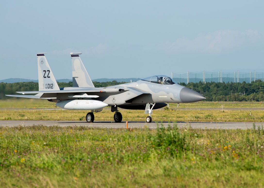 An F-15C prepares for takeoff during Aviation Training Relocation at Chitose Air Base, Japan Aug. 26, 2020. Led by Fifth Air Force, the training focused on strengthening bilateral interoperability with Koku-Jieitai Airmen in key areas such as defensive counter-air and Agile Combat Employment capabilities.