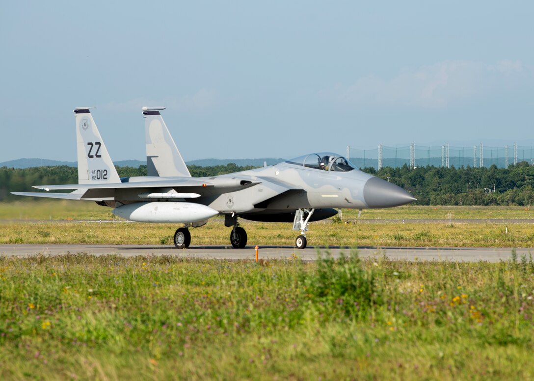 An F-15C Eagle prepares for takeoff during Aviation Training Relocation at Chitose Air Base, Japan Aug. 26, 2020. Led by Fifth Air Force, the training focused on strengthening bilateral interoperability with Koku-Jieitai Airmen in key areas such as defensive counter-air and Agile Combat Employment capabilities.
