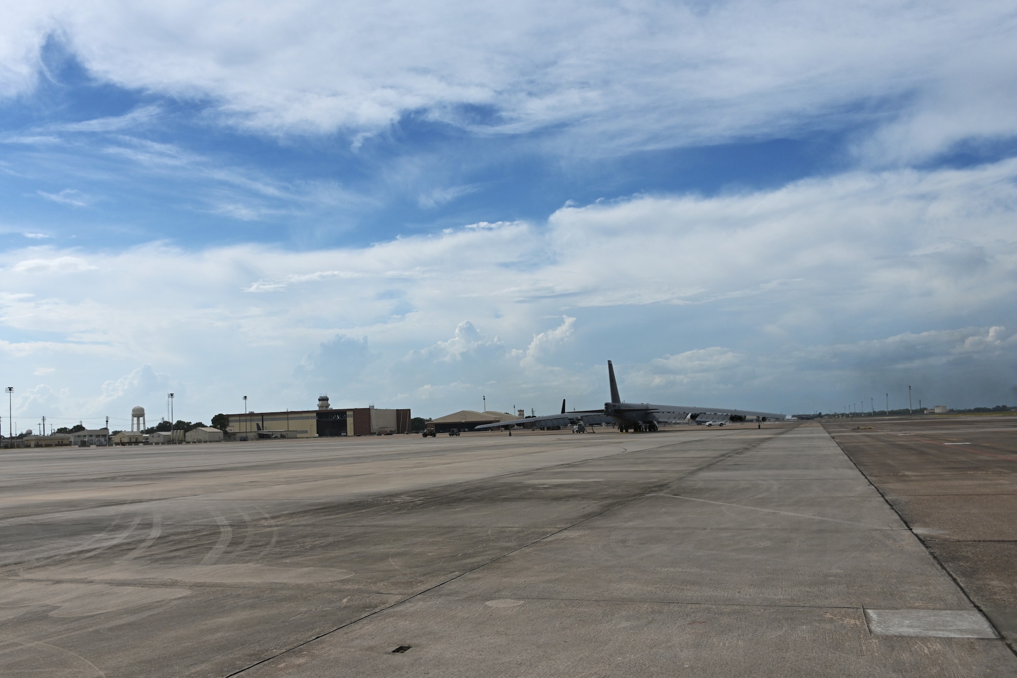 A B-52 sits on the flight line at Barksdale.