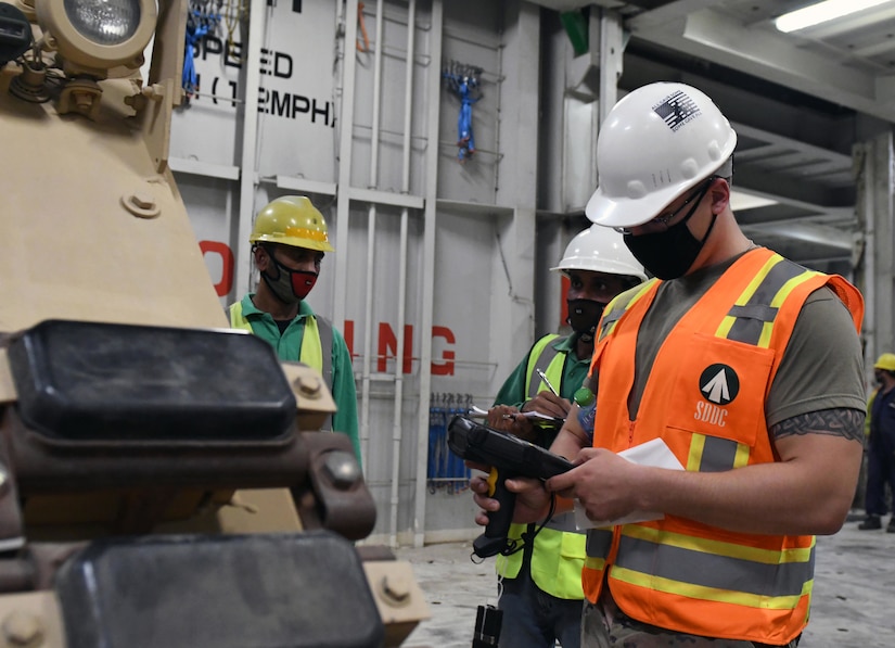 Nearly 700 pieces of equipment assigned to the 30th Armored Brigade Combat Team, North Carolina Army National Guard, are loaded on a ship in preperation for shipment to the United States in the CENTCOM area of responisibilty August 7, 2020.