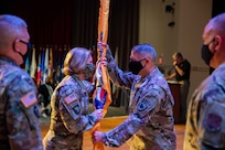 JOINT BASE LANGLEY-EUSTIS, Va. (August 28, 2020) Maj. Gen. Jeffrey Van receives the Joint Task Force Civil Support flag from U.S. Army North Commanding General Lt. Gen. Laura Richardson during a change of command ceremony at Joint Base Langley-Eustis, Friday, Aug. 28. Hall relinquished command during the ceremony to Maj. Gen. Jeffrey Van, with U.S. Army North Commanding General Lt. Gen. Laura Richardson as the presiding officer.  The transfer of the unit colors is a long-standing tradition of military units and represents the transfer of authority and responsibility of the command. (U.S. Navy photo by Chief Mass Communication Specialist Barry Riley/RELEASED)