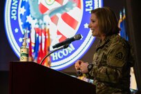 JOINT BASE LANGLEY-EUSTIS, Va. U.S. Army North Commanding General Lt. Gen. Laura Richardson delivers remarks during the Joint Task Force Civil Support (JTF-CS) Change of Command at Joint Base Langley-Eustis, Friday, Aug. 28. JTF-CS is a component command of USARNORTH.  (U.S. Navy photo by Chief Mass Communication Specialist Barry Riley/RELEASED)