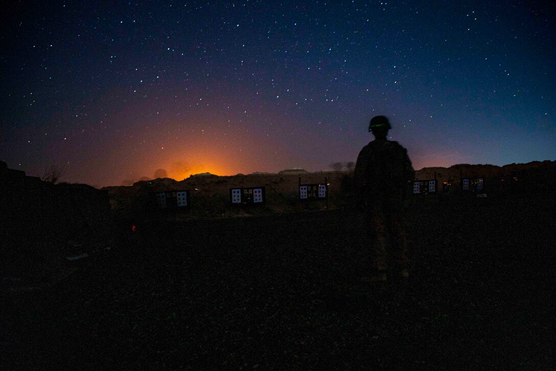A Marine stands in a field-like area under a starry sky.