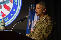JOINT BASE LANGLEY-EUSTIS, Va. Maj. Gen. Jeffrey Van delivers remarks during the Joint Task Force Civil Support Change of Command Ceremony after taking command of the task force from Maj. Gen. William “Bill” Hall, Friday, Aug. 28. (U.S. Navy photo by Chief Mass Communication Specialist Barry Riley/RELEASED)