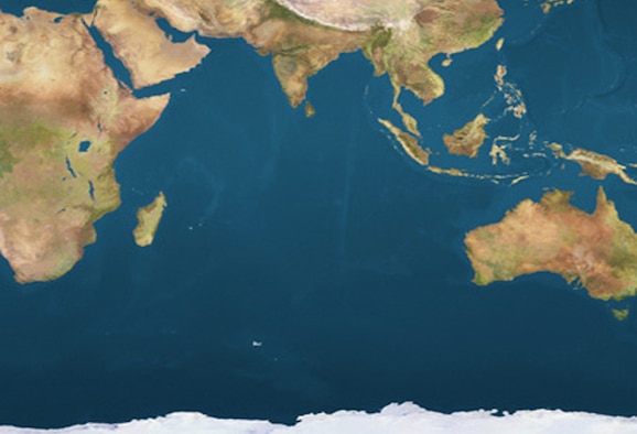 A map depicting the Indian Ocean Region, stretching from Australia to the east coast of Africa and from the underbelly of Asia to the shores of Antarctica.