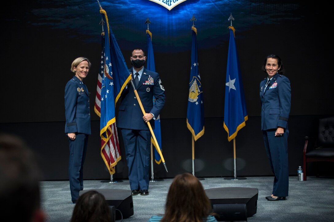 Brig. Gen. Jeannine Ryder (right) assumed command of the Air Force Research Laboratory’s 711th Human Performance Wing during a virtual change of command ceremony Aug. 31, 2020 at the Air Force Institute of Technology here. Brig. Gen. Heather Pringle (left), AFRL commander,  presided over the ceremony, which was streamed live on AFIT's YouTube page to encourage social distancing during the COVID-19 pandemic. (U.S. Air Force photo/Richard Eldridge)