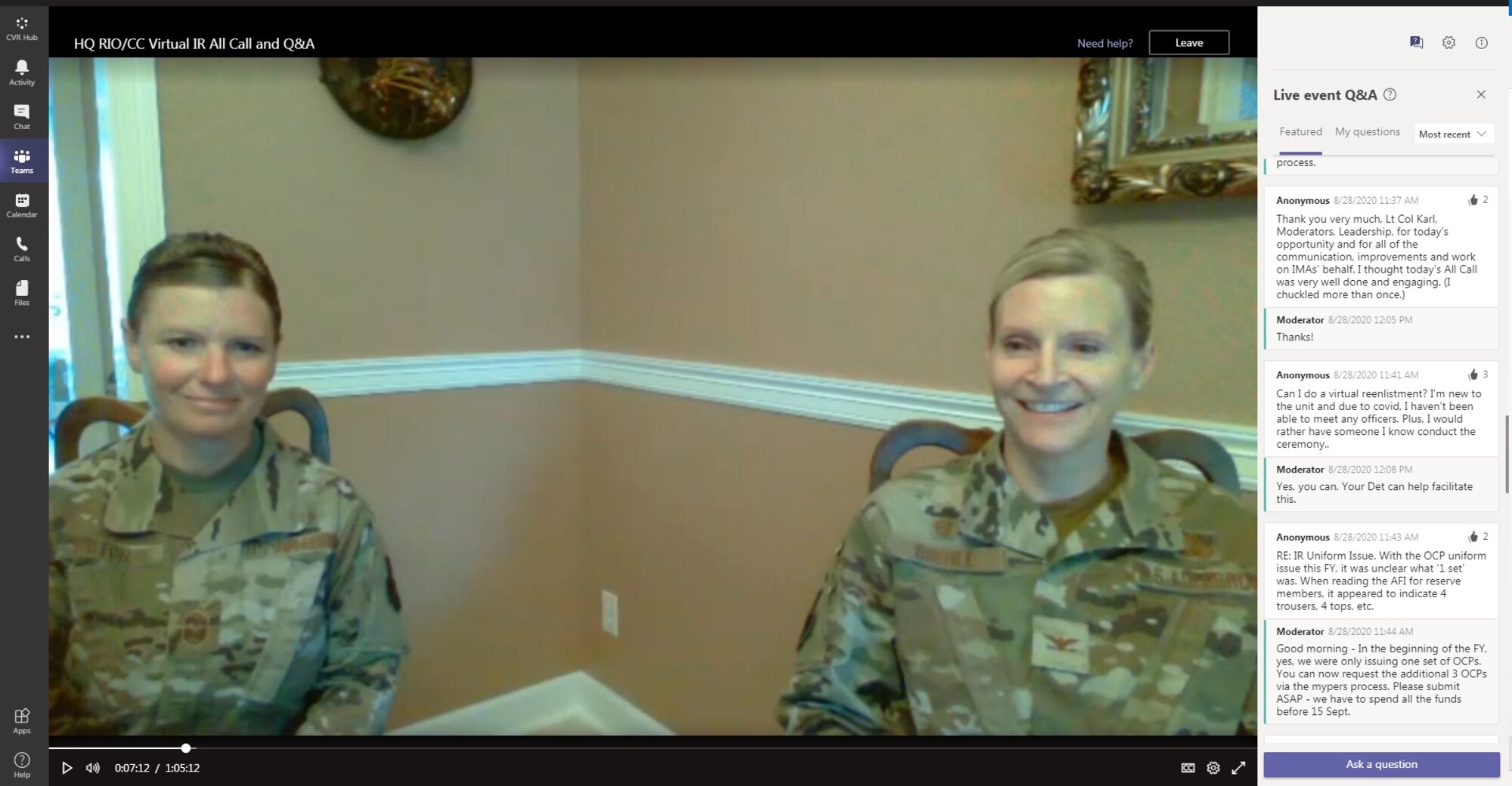 Chief Master Sgt. Stacy Wilfong, Headquarters Readiness and Integration Organization command chief, and Col. Amy Boehle, HQ RIO commander, are pictured in a video screenshot while speaking to members during an All Call August 28, 2020, virtually from Denver, Colorado.