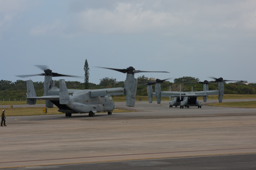 Marines with Marine Medium Tiltrotor Squadron 262, 1st Marine Aircraft Wing, prepare to fly to Ie Shima Island for a combined training event with various III Marine Expeditionary Force units on Marine Corps Air Station Futenma, Okinawa, Japan, Feb. 13, 2020. The combined training event took place on Ie Shima Island off the coast of Okinawa, Japan. Combined training events reinforce the shared commitment of combat readiness, operational flexibility and lethality throughout III MEF. (U.S. Marine Corps photo by Lance Cpl. Ryan Persinger)