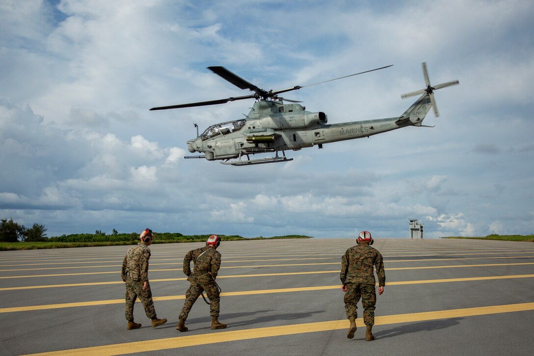 A U.S. Marine Corps AH-1Z Viper helicopter, with Marine Light Attack Helicopter Squadron (HMLA) 469, begins take-off after conducting forward arming and refueling point (FARP) training at Ie Shima, Okinawa, Japan, Sept. 25, 2020. HMLA-469 conducted the FARP training to increase their familiarity and coordination with refueling and re-arming while operating in forward locations; The training was executed in cooperation with 9th Engineer Support Battalion (ESB), 3rd Transportation Support Battalion (TSB) and Combat Logistics Regiment (CLR) 3. (U.S. Marine Corps photo by Cpl. Ethan M. LeBlanc)