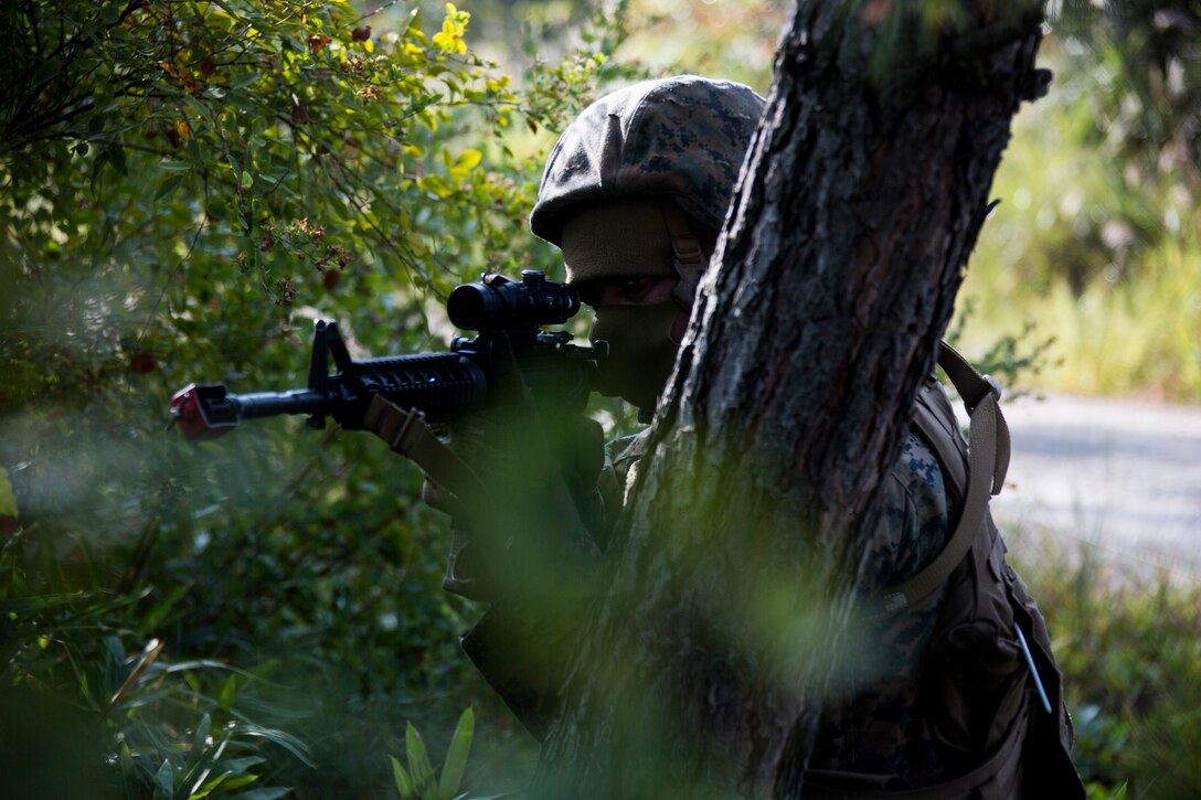 A U.S. Marine with Marine Wing Support Squadron 171, provides security during exercise Kamoshika Wrath, Harumara Maneuver Area, Japan, Oct. 21, 2020. Kamoshika Wrath is an annual field exercise centered around unit-level training. The exercise consists of tactical convoys, rifle qualification, pistol qualification, and annual requirements in order to meet training and readiness standards. (U.S. Marine Corps photo by Cpl. Jackson Ricker)