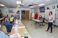 Code 2320.7 Leslie Mok, Code 2310.7 Beka Adams, and Code 2370 Meagan Goodwin lead a training course for fellow engineers.