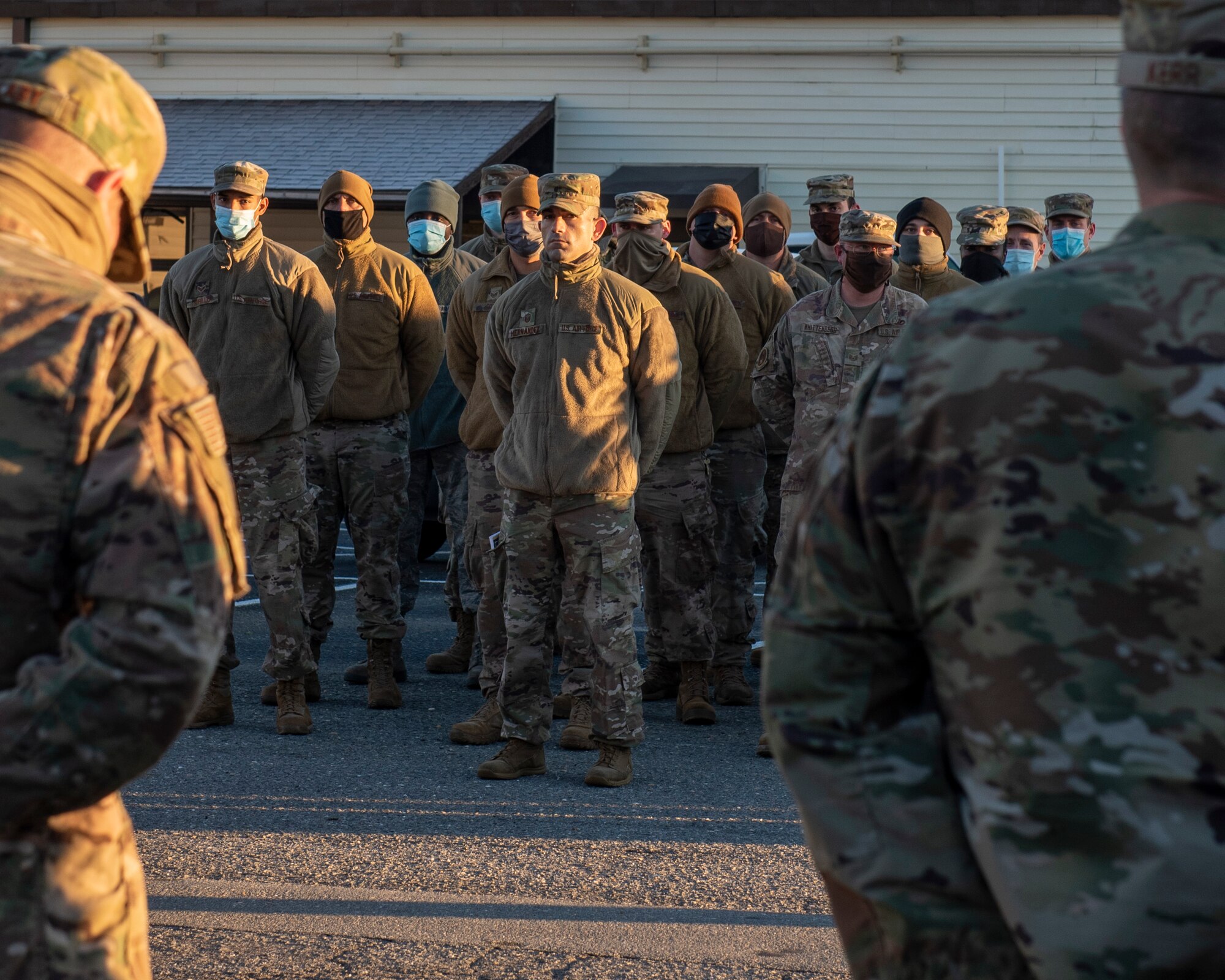 Airmen from the 4th Civil Engineer Squadron stand in formation at Seymour Johnson Air Force Base, North Carolina, Nov. 19, 2020.