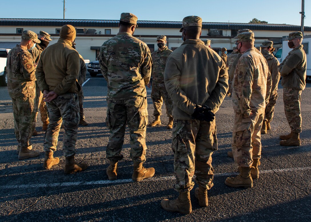 Leadership from the 4th Civil Engineer Squadron meet to discuss Prime Base Engineer Emergency Force training at Seymour Johnson Air Force Base, North Carolina, Nov. 19, 2020.