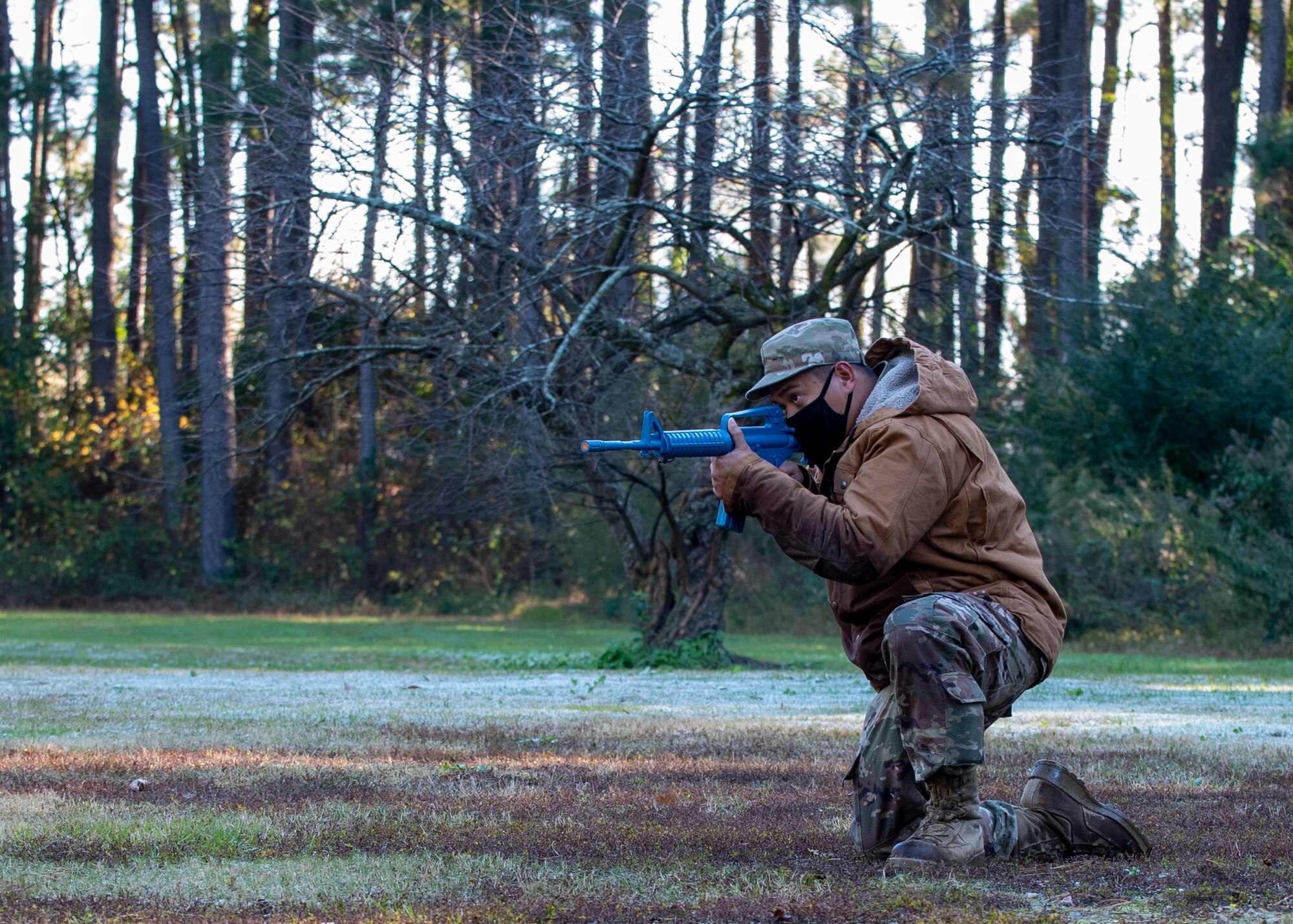 Senior Airman Raymart Montalban, 4th Civil Engineer Squadron pavement and equipment operator, practiced defensive fighting positions during Prime Base Engineer Emergency Force training at Seymour Johnson Air Force Base, North Carolina, Nov. 19, 2020.