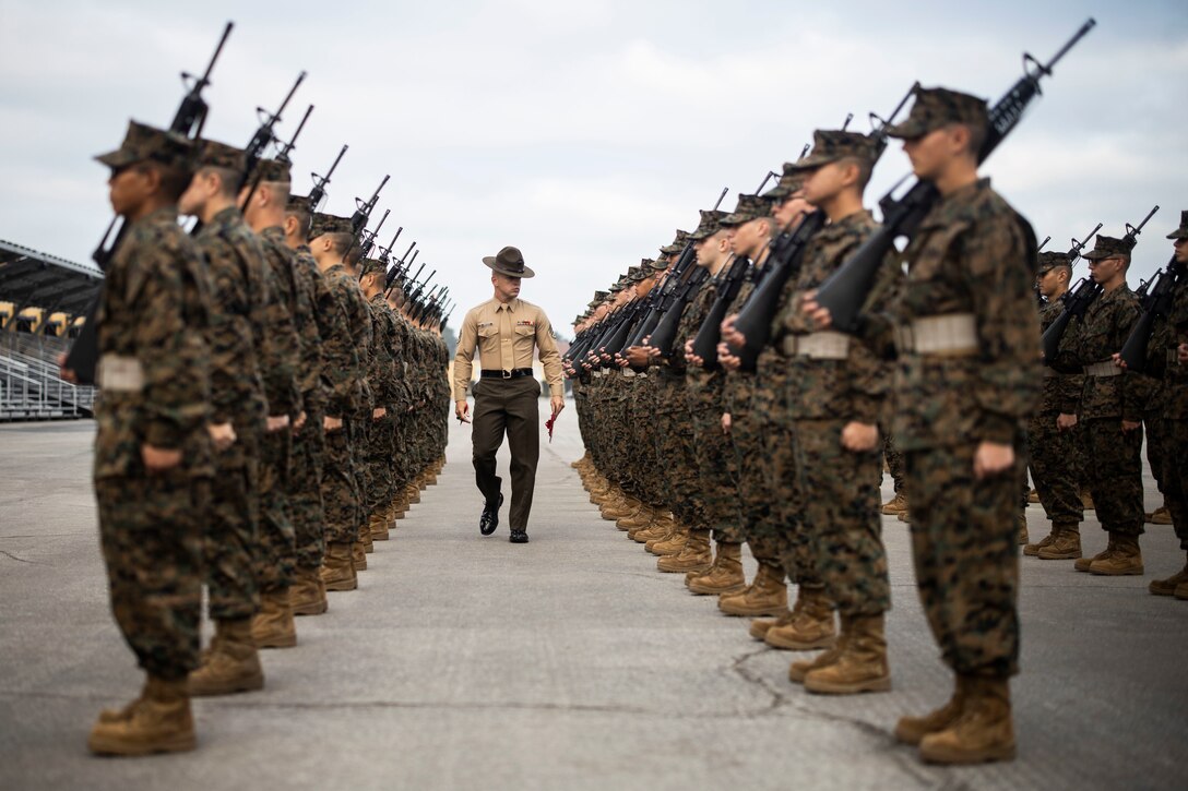 A U.S. Marine evaluates recruits with Charlie Company, 1st Recruit Training Battalion, during their final drill evaluation at Marine Corps Recruit Depot, San Diego, Dec. 14.