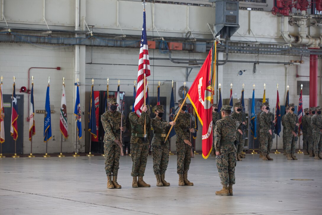U.S. Marines with the Headquarters and Headquarters Squadron (H&HS) color guard, present the Marine Corps flag during a relief and appointment ceremony at Marine Corps Air Station Cherry Point (MCAS), North Carolina, Nov. 6, 2020. The ceremony was held to transition the position of H&HS sergeant major from Sgt. Maj. Thomas J. Korabik Jr. to Sgt. Maj. James I. Petty. (U.S. Marine Corps photo by Lance Cpl. Jacob Bertram)