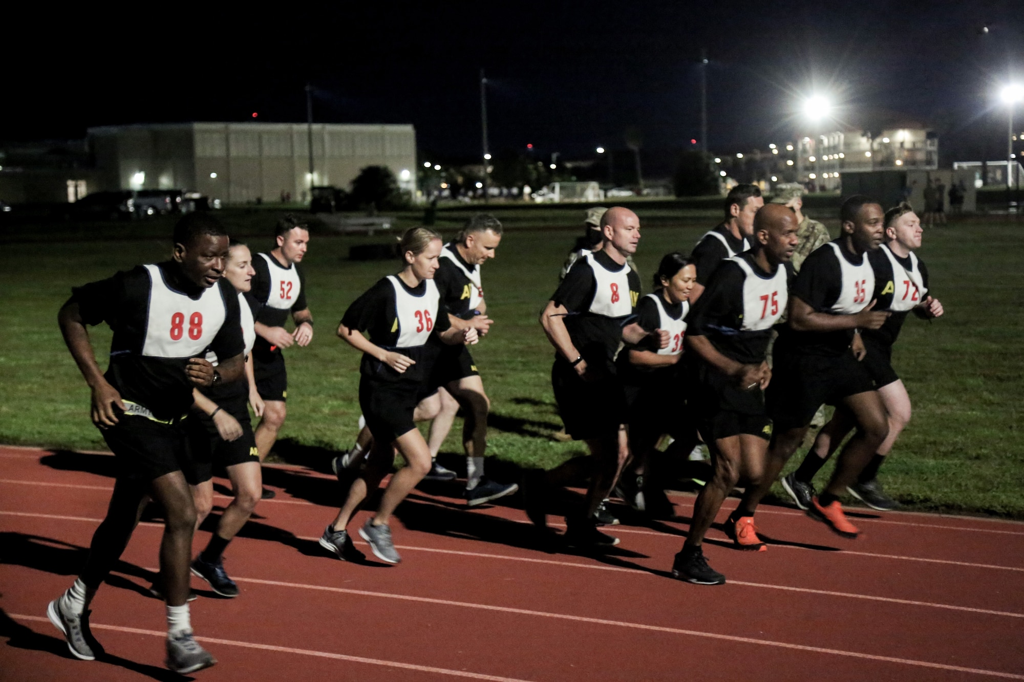 Soldiers from United States Central Command begin the last 2-mile run during an Army Physical Fitness Test of their career, Sep. 30, 2020, at the South Track of the MacDill Fitness Center, MacDill Air Force Base, Florida. From now on, the Army will be officially conducting the new Army Combat Fitness Test as the standard evaluation tool of Soldiers’ fitness. (U.S. Army photo by Spc. Robert Vicens)