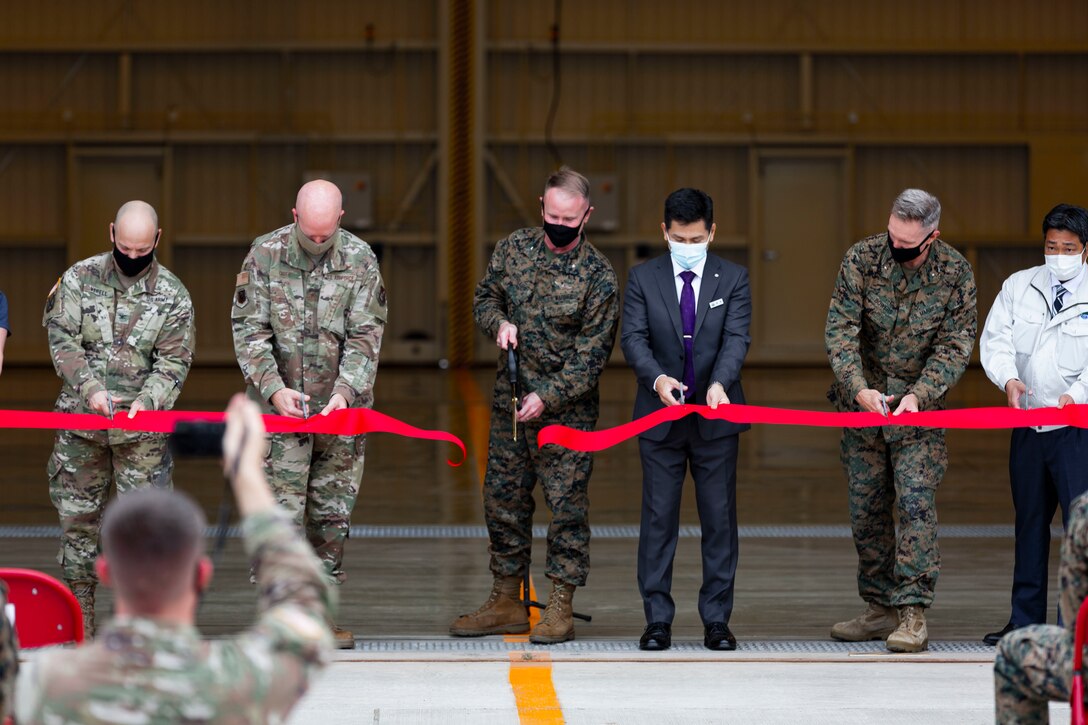 U.S. Army Corps of Engineers — Japan District commander, Col. Thomas J. Verell Jr., cuts the ribbon alongside U.S. military leaders and Tokyu Construction Company representatives during a ribbon cutting ceremony on Kadena Air Base, Okinawa, Japan, Nov. 24, 2020.