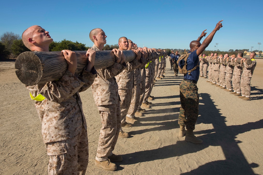 Marine Corps recruits stand in lines while carrying logs.