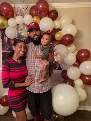 Tech. Sgt. Charita White, 940th Civil Engineer Squadron, Beale Air Force Base, California, poses for a photo with her husband, Jonathan Shephard and newborn daughter in Missouri City, Texas, Oct. 2, 2020. White attended the virtual Air Force Reserve Yellow Ribbon event held Nov. 21-22, 2020. She took advantage of several of the event’s sessions focused on mental, physical, so-cial and spiritual wellness. (Courtesy photo)