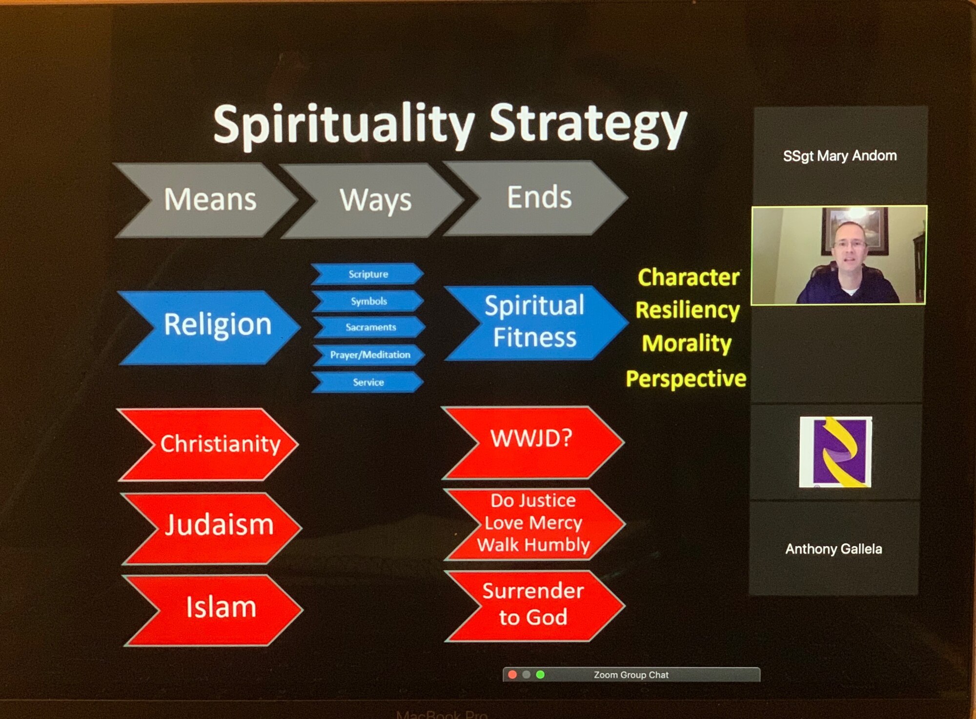 Chaplain (Maj.) Matthew Wilson, 446th Airlift Wing chaplain assigned to Joint Base Lewis-McChord, Washington, hosts a spiritual resiliency session during the virtual broadcast of the Air Force Reserve Yellow Ribbon event held Nov. 21-22, 2020.