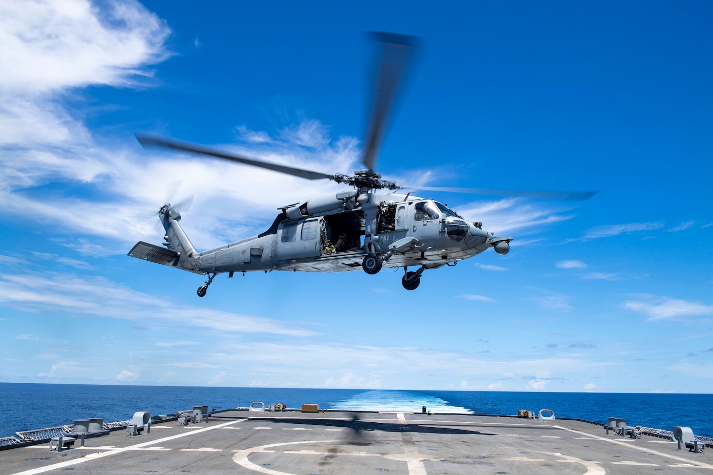 An MH-60R Sea Hawk assigned to the �Sea Knights� of Helicopter Sea Combat Squadron (HSC) 22 takes off from the flight deck of the Freedom-variant littoral combat ship USS Detroit (LCS 7).