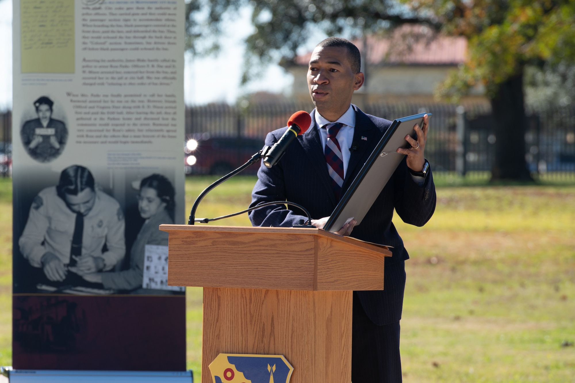 The Mayor of Montgomery Steven Reed speaks during a memorialization ceremony in honor of Rosa Parks on the 65th Anniversary of her refusal to give up her seat on a Montgomery Bus Dec. 1, 2020, on Maxwell Air Force Base, Alabama. A few of the other distinguished visitors in attendance were the Secretary of the Air Force Barbara Barrett, Bryan Stevenson, Equal Justice Initiative director and Lt. Gen. Brad Webb, Air Education and Training Command commander, who watched the event via live stream. (U.S. Air Force photo by Senior Airman Charles Welty)