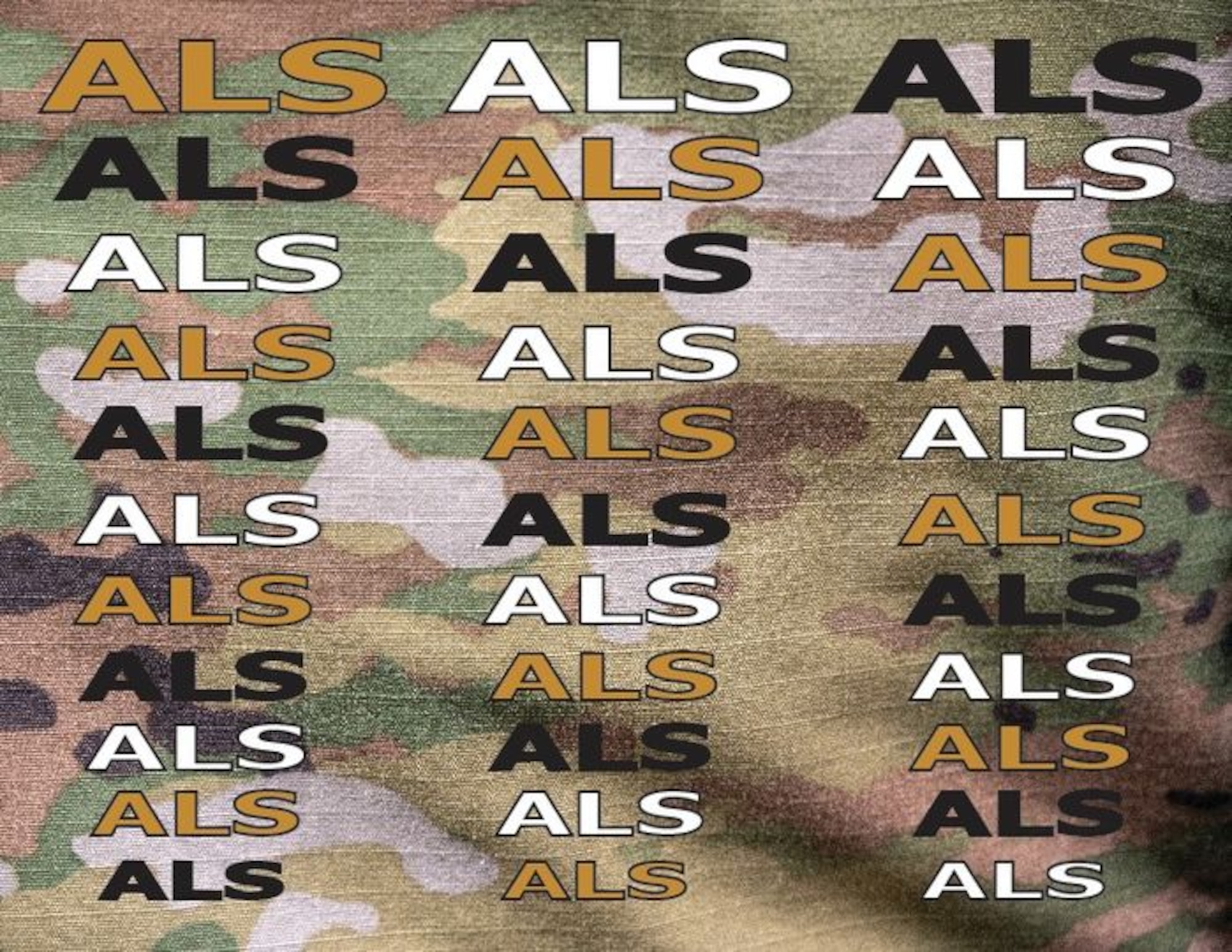 A graphic of different colored text on an operational camouflage pattern.