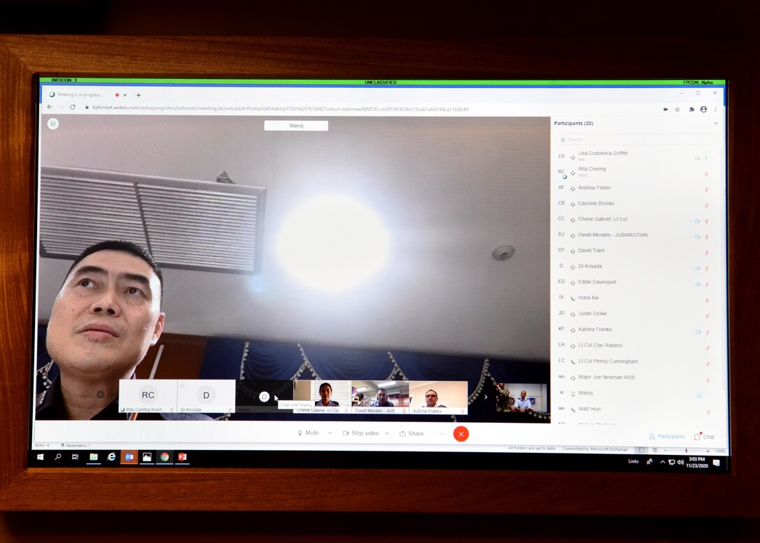 Pacific Air Forces Command Surgeon hosted a two-day Aerospace Medicine virtual knowledge exchange with medical experts from the Royal Australian Air Force and Royal Thai Air Force, at Joint Base Pearl Harbor-Hickam, Hawaii, November 23-24, 2020. The exchange focused on highlighting current best practices in aviation medicine and patient movement to enhance aircrew safety and patient care. (U.S. Air Force photo by Tech. Sgt. Zach Vaughn)