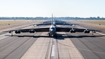 B-52H Stratofortresses from the 2nd Bomb Wing line up on the runway at Barksdale Air Force Base, La., Oct. 14, 2020.