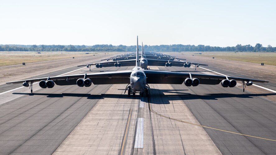 B-52H Stratofortresses from the 2nd Bomb Wing line up on the runway at Barksdale Air Force Base, La., Oct. 14, 2020.
