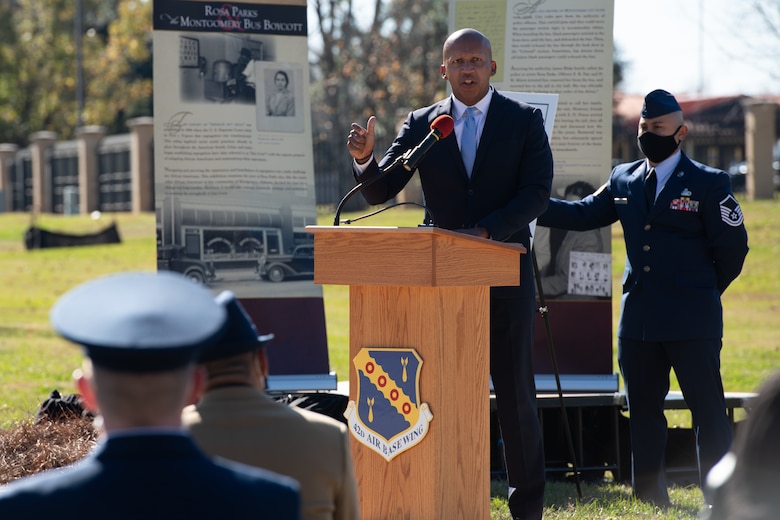 Bryan Stevenson, Equal Justice Initiative director, speaks during a memorialization ceremony in honor of Rosa Parks on the 65th Anniversary of her refusal to give up her seat on a Montgomery Bus Dec. 1, 2020, on Maxwell Air Force Base, Alabama. The event featured an unveiling of a new Rosa Parks sculpture created by Ian Mangum, a 42nd Force Support Squadron team member. (U.S. Air Force photo by Senior Airman Charles Welty)