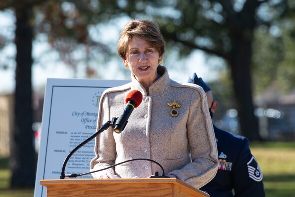 Maxwell AFB, Ala. – Secretary of the Air Force Barbara M. Barrett joins 42d Air Base Wing Commander Colonel Eries Mentzer, Montgomery Mayor Steven L. Reed, and other dignitaries in unveiling a memorial honoring Rosa Parks on the 65th anniversary of the Montgomery Bus Boycott, Dec. 1, 2020. Ian Mangum created the sculpture of Parks, who had worked at the Maxwell Field Guest House prior to her refusal to relinquish her seat on a segregated bus. (US Air Force photo by Melanie Rodgers Cox)