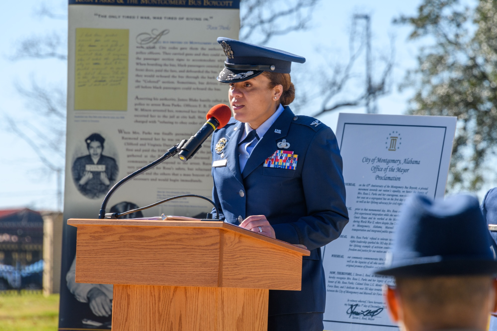 Col. Eries Mentzer, commander of the 42nd Air Base Wing, speaks during a memorialization ceremony on Maxwell Air Force Base, Alabama, Dec. 1, 2020, the 65th anniversary of her arrest for refusing to give up her seat on a Montgomery bus. This event marked the start of a 382-day effort to help increase inclusion so that all Airmen here at Maxwell can rise to their best. To help make this possible, Mentzer formed a team of individuals from around the Maxwell-Gunter community called the Freedom to Serve Initiative, whose goal is to help identify and form solutions to obstacles that may be impeding Airmen’s success. (U.S. Air Force photo by Trey Ward)