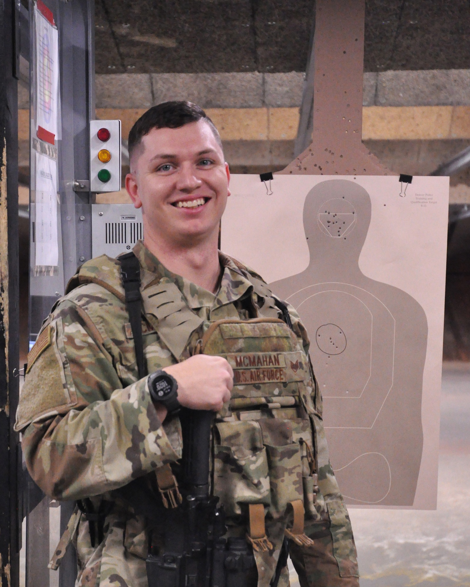 Staff Sgt. Jalen McMahan, 445th Security Forces Squadron fire team member, poses for a photo after completing training at the firing range, Nov. 8, 2020 at Wright-Patterson Air Force Base, Ohio.