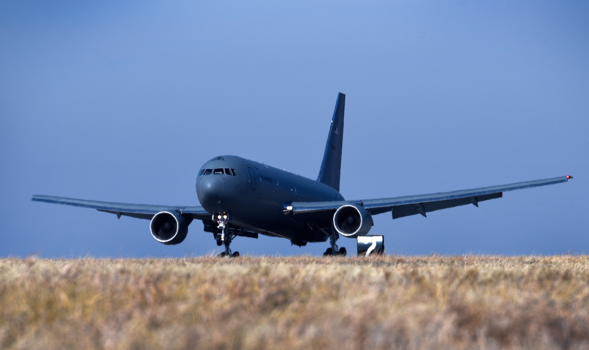 McConnell’s first KC-46A Pegasus lands on the flightline Jan. 25, 2019, at McConnell Air Force Base, Kansas. The KC-46 will serve alongside the KC-135 Stratotanker at McConnell and supply critical aerial refueling, airlift and aeromedical evacuations at a moment’s notice for America’s military and allies. (U.S. Air Force photo by Airman 1st Class Michaela R. Slanchik)