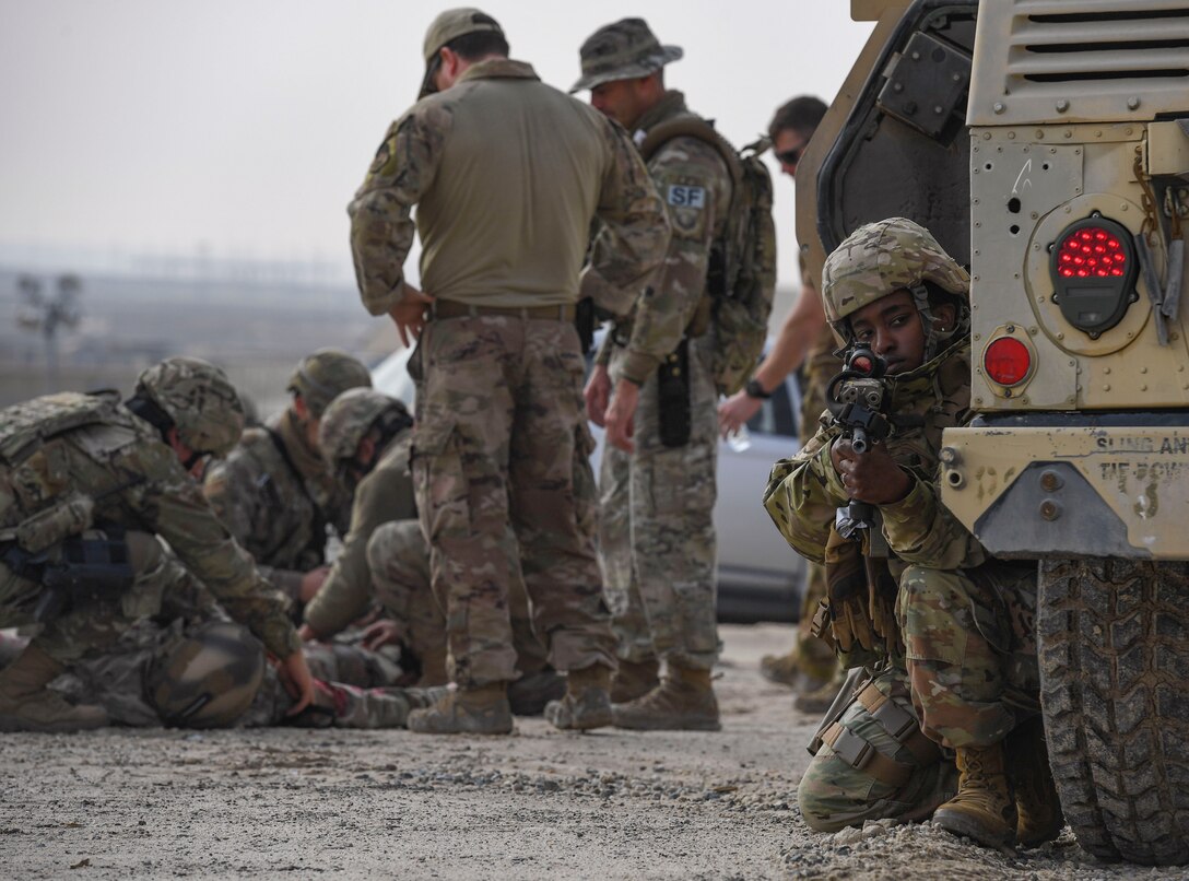 U.S. Air Force Staff Sgt. Cierra Arthur, 386th Expeditionary Security Forces Squadron response force member, secures the area during an improvised explosive device and unexploded ordnance familiarization course at Ali Al Salem Air Base, Kuwait, Dec. 2, 2020.