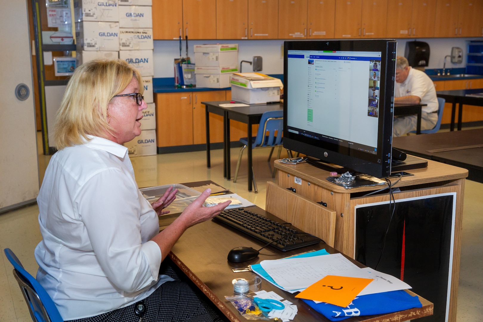 A STARBASE Victory teacher teaches one of her virtual classes using the learning management system Schoology.