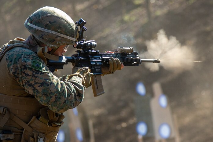 A U.S. Marine fires an M27 Infantry Automatic Rifle during advanced marksmanship drills at exercise Fuji Viper 21.1 at Combined Arms Training Center, Camp Fuji, Japan, on Nov. 4.