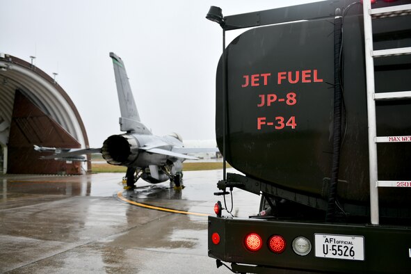 An F-16 Fighting Falcon assigned to the 31st Fighter Wing awaits refueling at Aviano Air Base, Italy, Dec. 2, 2020. The 31st FW participated in surge flying throughout the week. Surge flying is a period of increased operations for those working on the flightline as sorties increase to provide ample training opportunities to pilots. (U.S. Air Force photo by Staff Sgt. K. Tucker Owen)