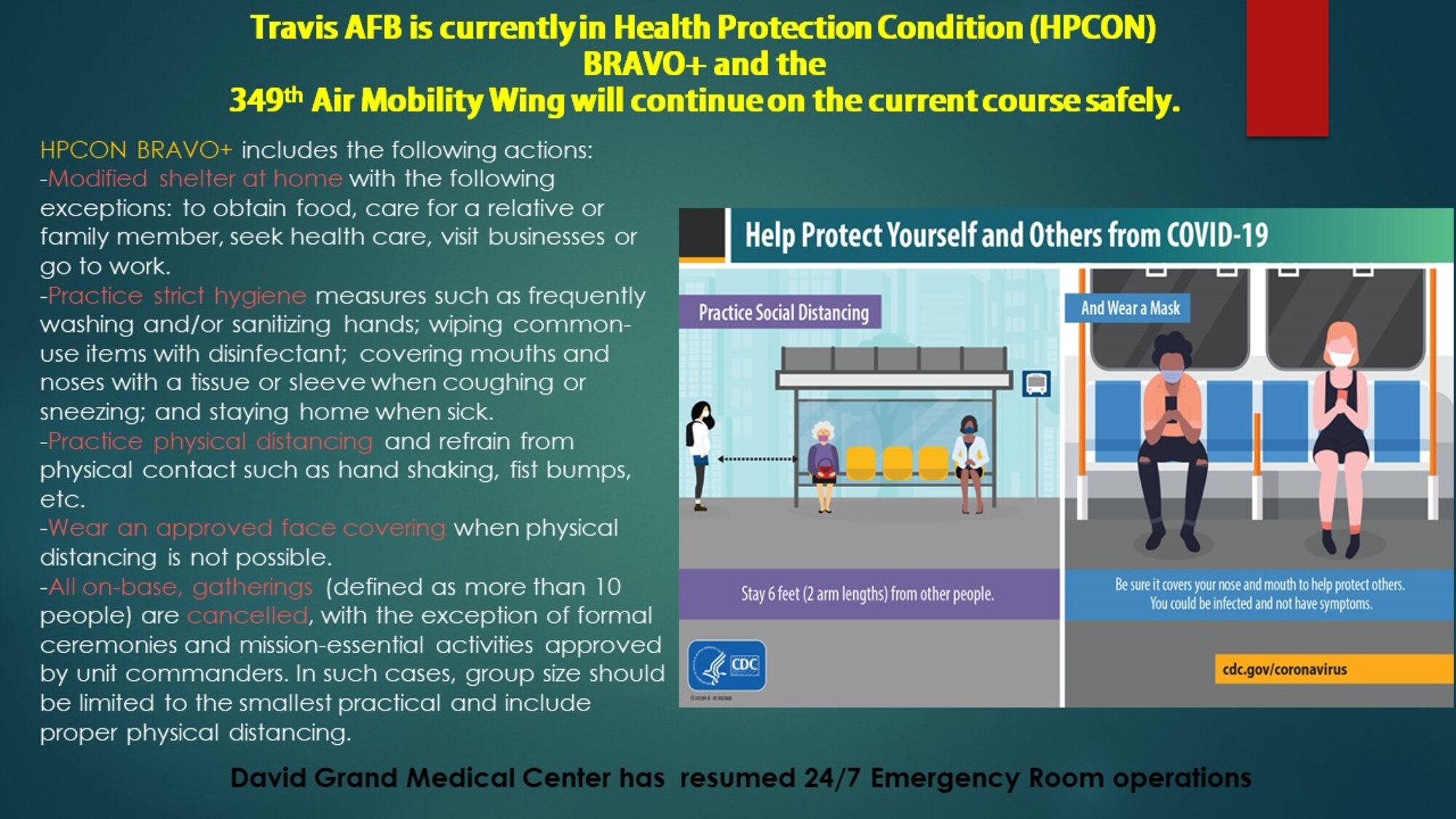 Travis AFB is in Health Protection Condition (HPCON) BRAVO+