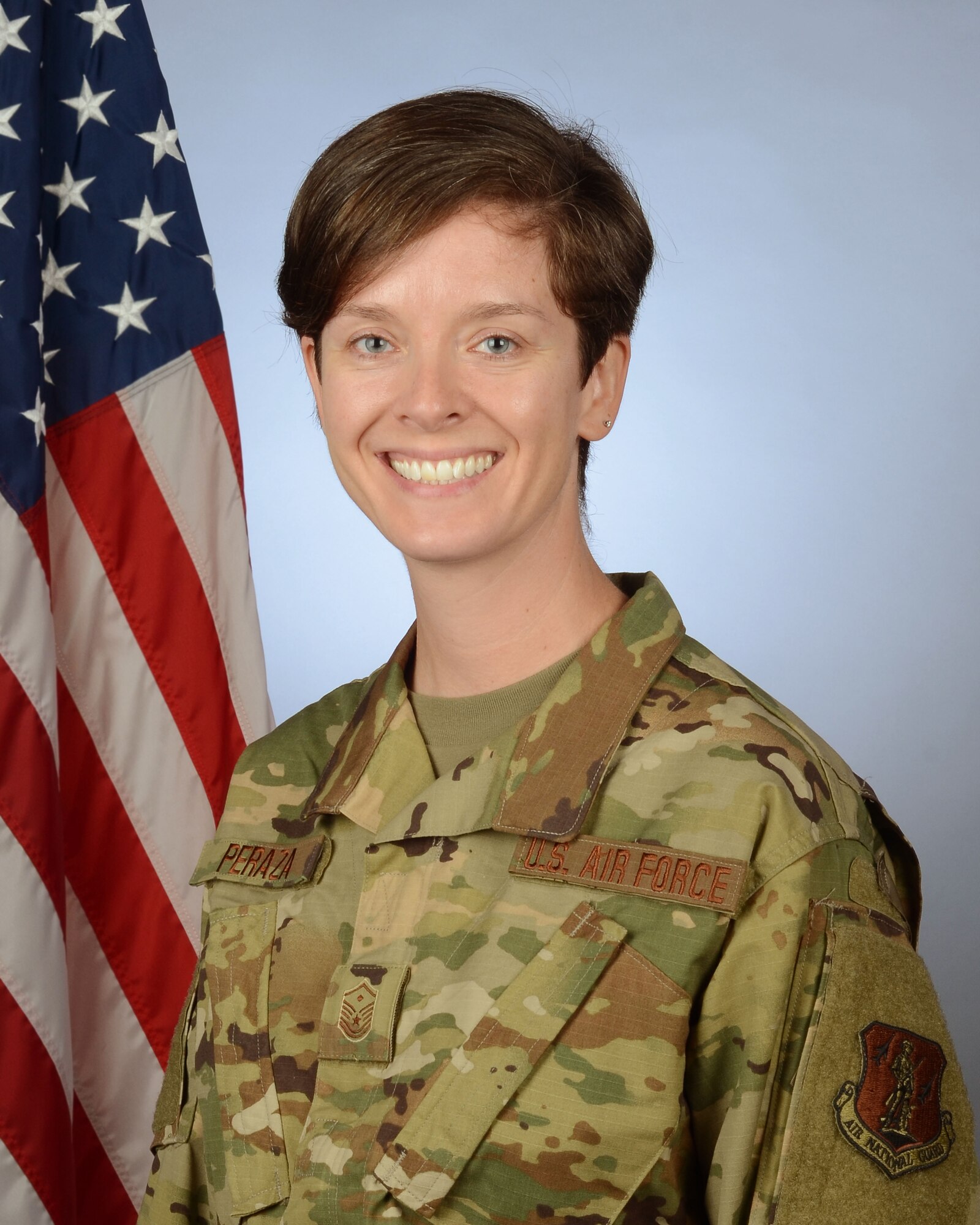 Portrait of U.S. Air Force Master Sgt. Perri Peraz, first sergeant assigned to the 169th Medical Group at McEntire Joint National Guard Base, S.C., Nov. 8, 2020. (U.S. Air National Guard photo by Senior Master Sgt. Edward Snyder, 169th Fighter Wing Public Affairs)