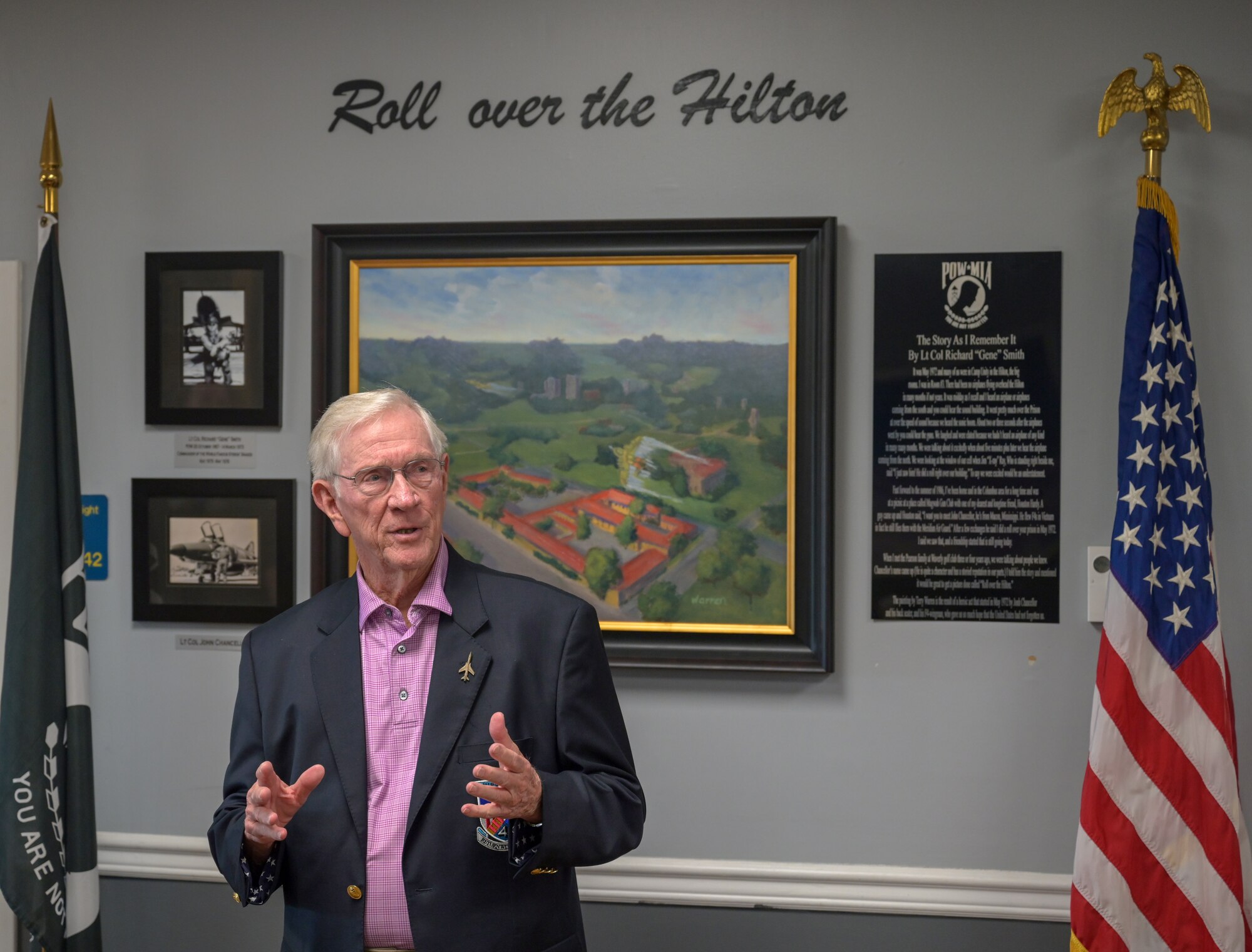 Retired U.S. Air Force Lt. Col. Richard “Gene” Smith, Vietnam prisoner of war and former 50th Flying Training Wing commander, tells a story about his time as a POW on Nov. 13, 2020, at Columbus Air Force Base, Miss. Smith was a POW during the Vietnam War from Oct. 25, 1967 to March 14, 1973. (U.S. Air Force photo by Airman 1st Class Davis Donaldson)